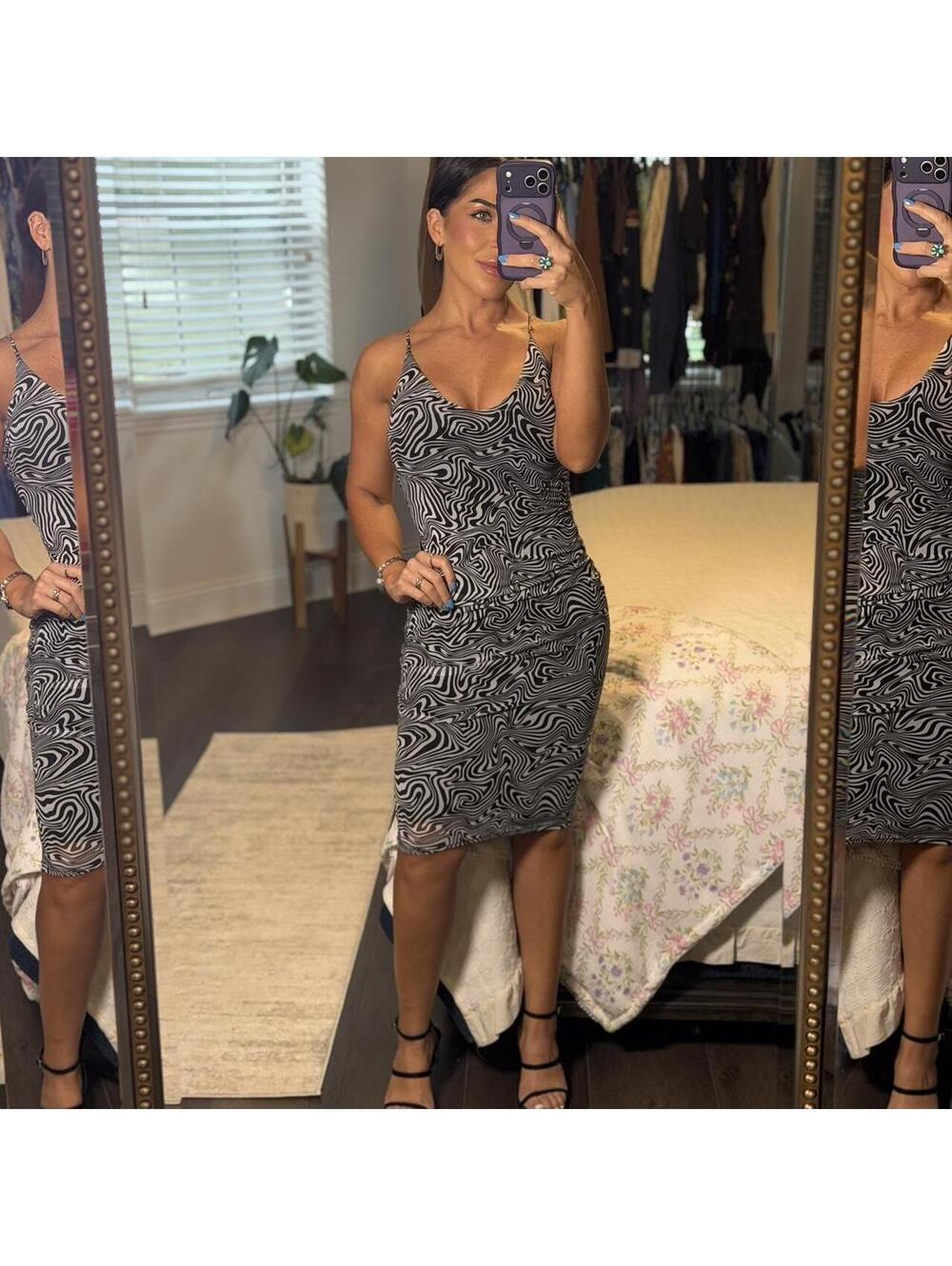 Black Bead Abstract Swirl Mesh Midi Dress Y2K Bodycon Slip Chic size S